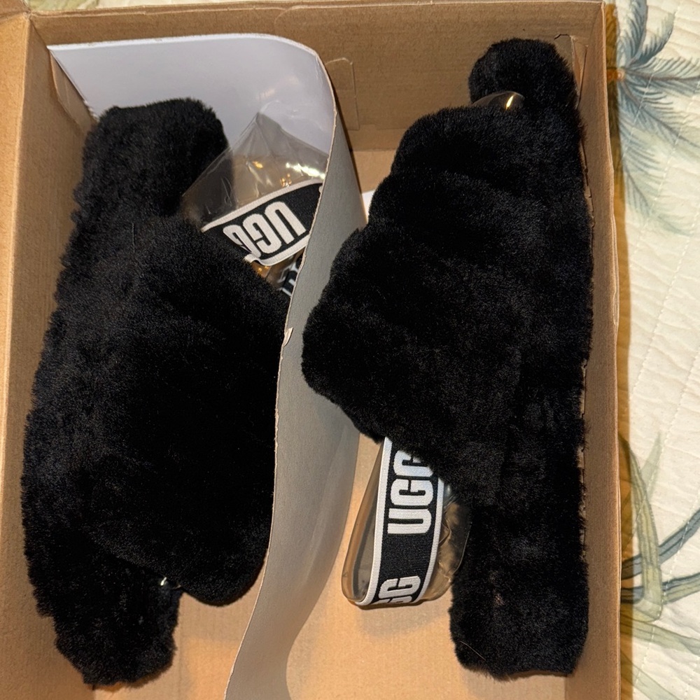 UGG Black Fluffy Sandals